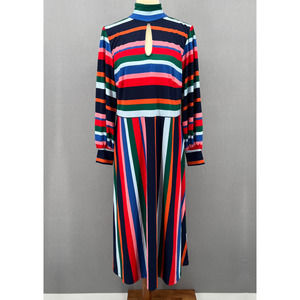 Elouqii Dress Womens 14 Multicolor Striped Keyhole Long Puff Sleeves A Line Midi